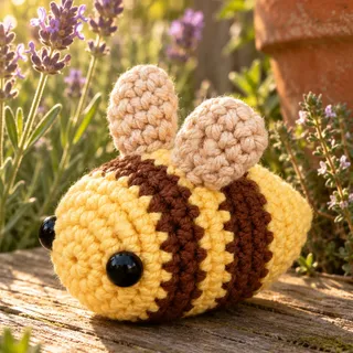 A crocheted bee with two dark stripes and two cream wings lies on a weathered wooden ledge among flowering lavender and thyme, a terracotta pot behind it, in warm low sun.