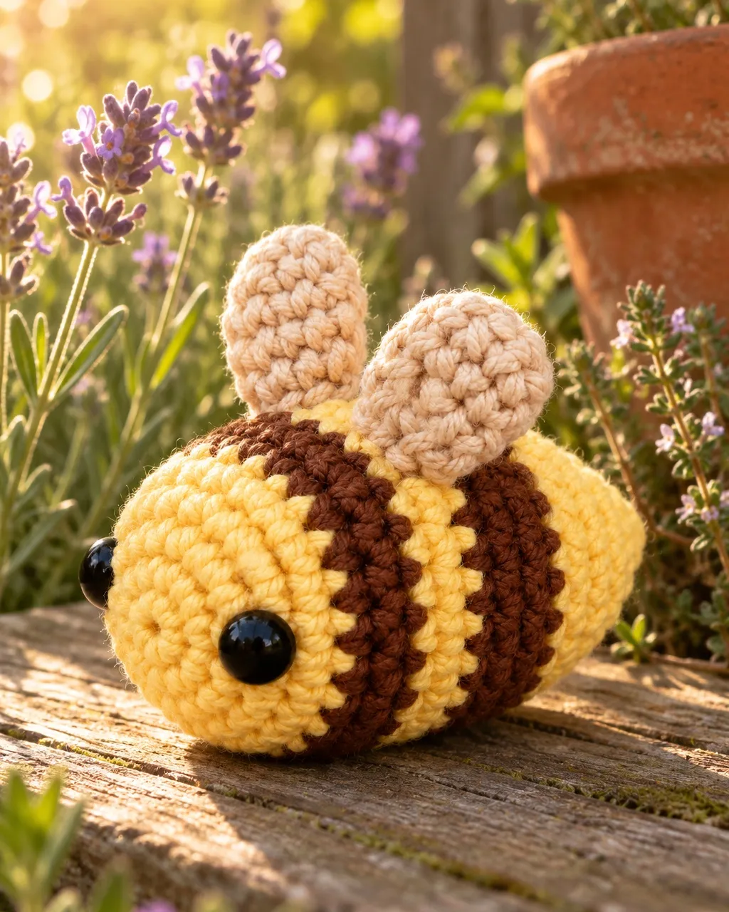 A crocheted bee with two dark stripes and two cream wings lies on a weathered wooden ledge among flowering lavender and thyme, a terracotta pot behind it, in warm low sun.