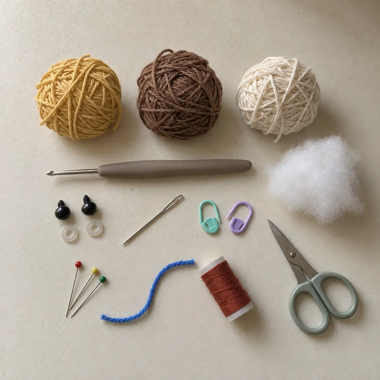 Overhead view of yellow, brown and cream balls of cotton yarn, a hook, two safety eyes with washers, toy filling, a needle, two stitch markers, pins, a scrap of blue yarn, a spool of red thread and scissors.