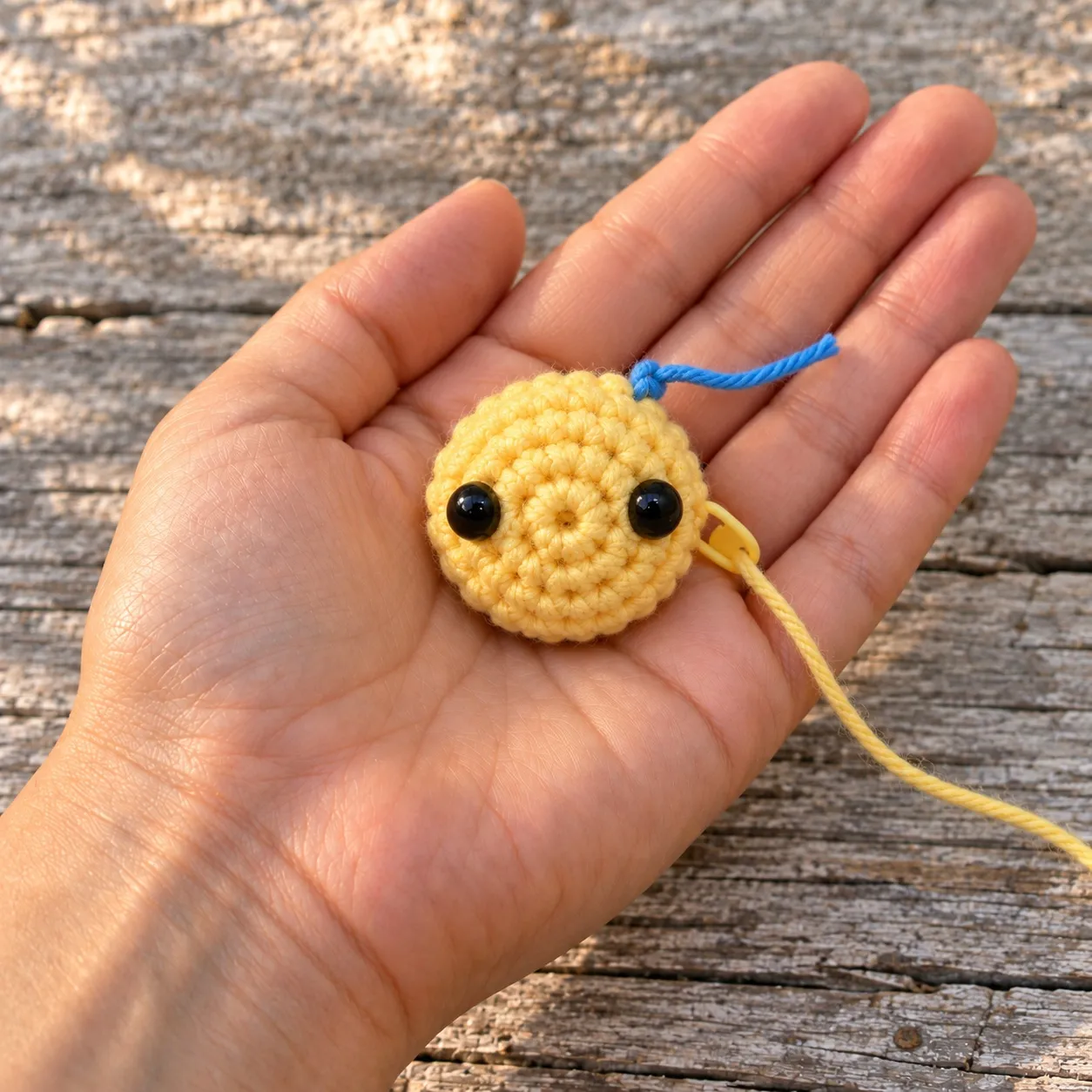 Seen from above, a small shallow yellow crocheted dome resting on an open palm, two black safety eyes in it, a blue yarn scrap tied at its edge and a stitch marker holding the working yarn.