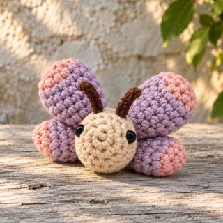 Illustration: a crocheted butterfly with a cream head and body, two thin brown antennae and round lilac wings tipped in dusty rose, resting on a weathered wooden plank in front of a sunlit stone wall and green leaves, seen from the front, the forewings standing up behind its head and the hindwings low at its sides.