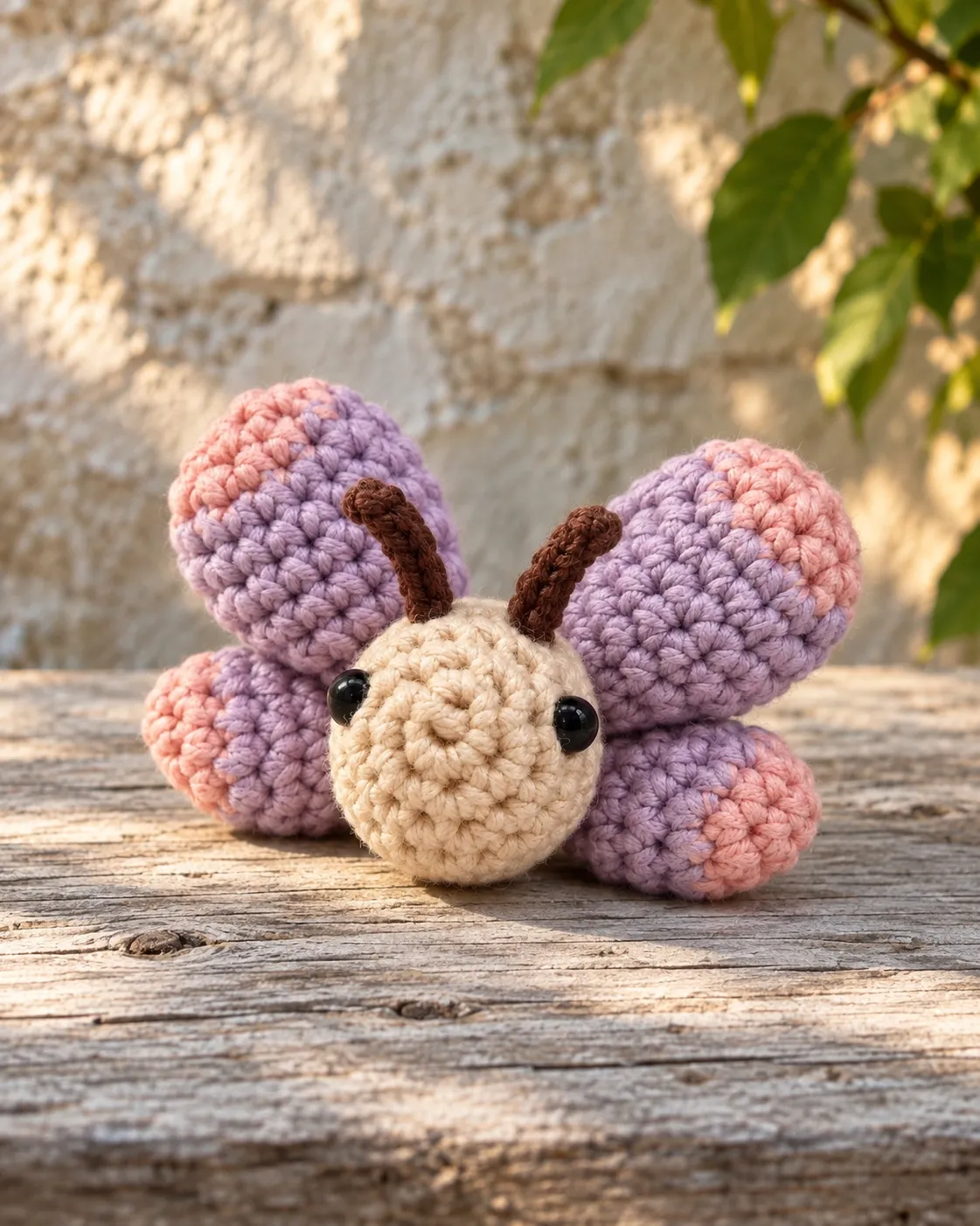 Illustration: a crocheted butterfly with a cream head and body, two thin brown antennae and round lilac wings tipped in dusty rose, resting on a weathered wooden plank in front of a sunlit stone wall and green leaves, seen from the front, the forewings standing up behind its head and the hindwings low at its sides.