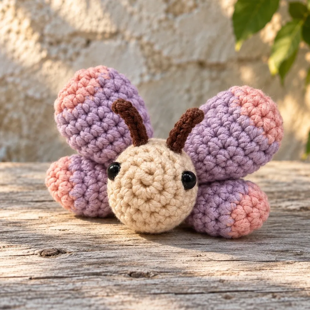 Illustration: a crocheted butterfly with a cream head, two brown cord antennae and four lilac wings tipped in dusty rose, resting on a weathered plank in front of a sunlit stone wall, leaves at the edge of the frame.
