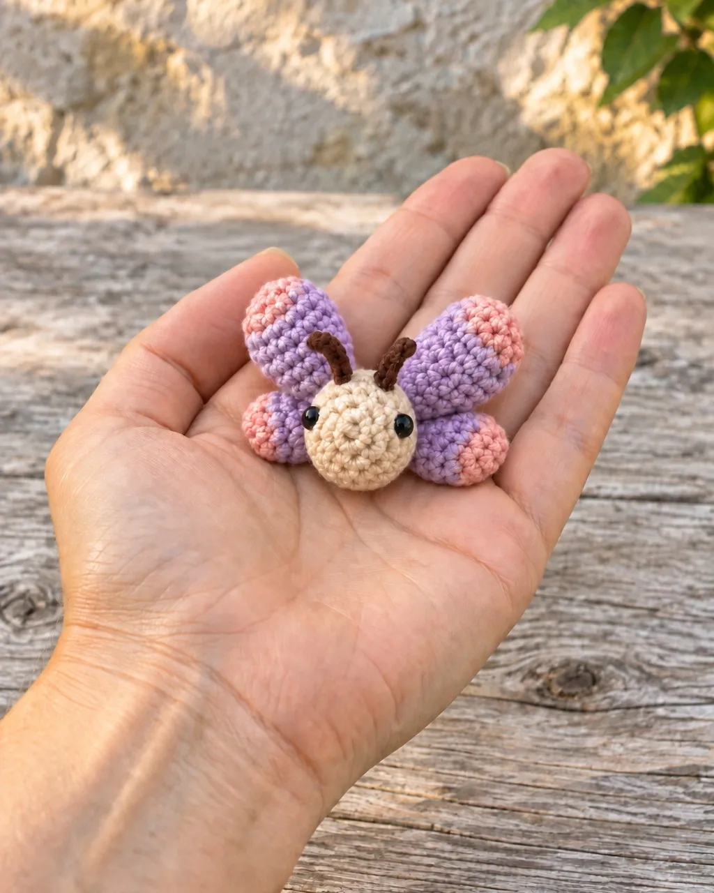 The small crocheted butterfly resting in the middle of an adult's open palm, a wooden plank and a sunlit stone wall out of focus behind.
