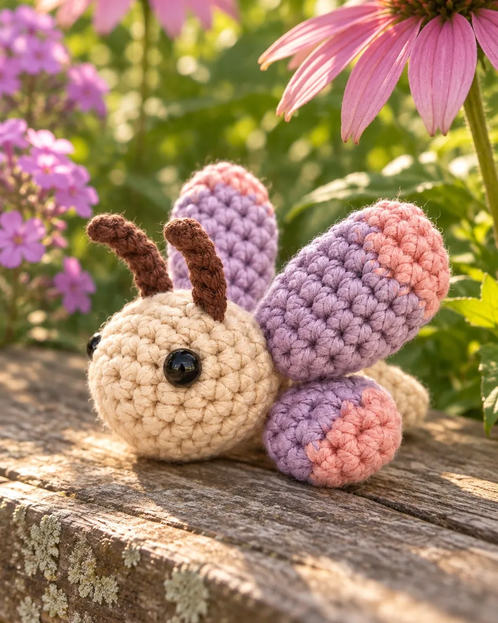 A crocheted butterfly with a cream head, brown antennae and lilac wings tipped in dusty rose, resting on a weathered, lichen-spotted garden bench among pink coneflowers and phlox in golden morning light.