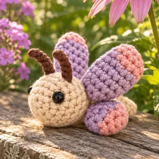 A crocheted butterfly with a cream head, brown antennae and lilac wings tipped in dusty rose, resting on a weathered, lichen-spotted garden bench among pink coneflowers and phlox in golden morning light.