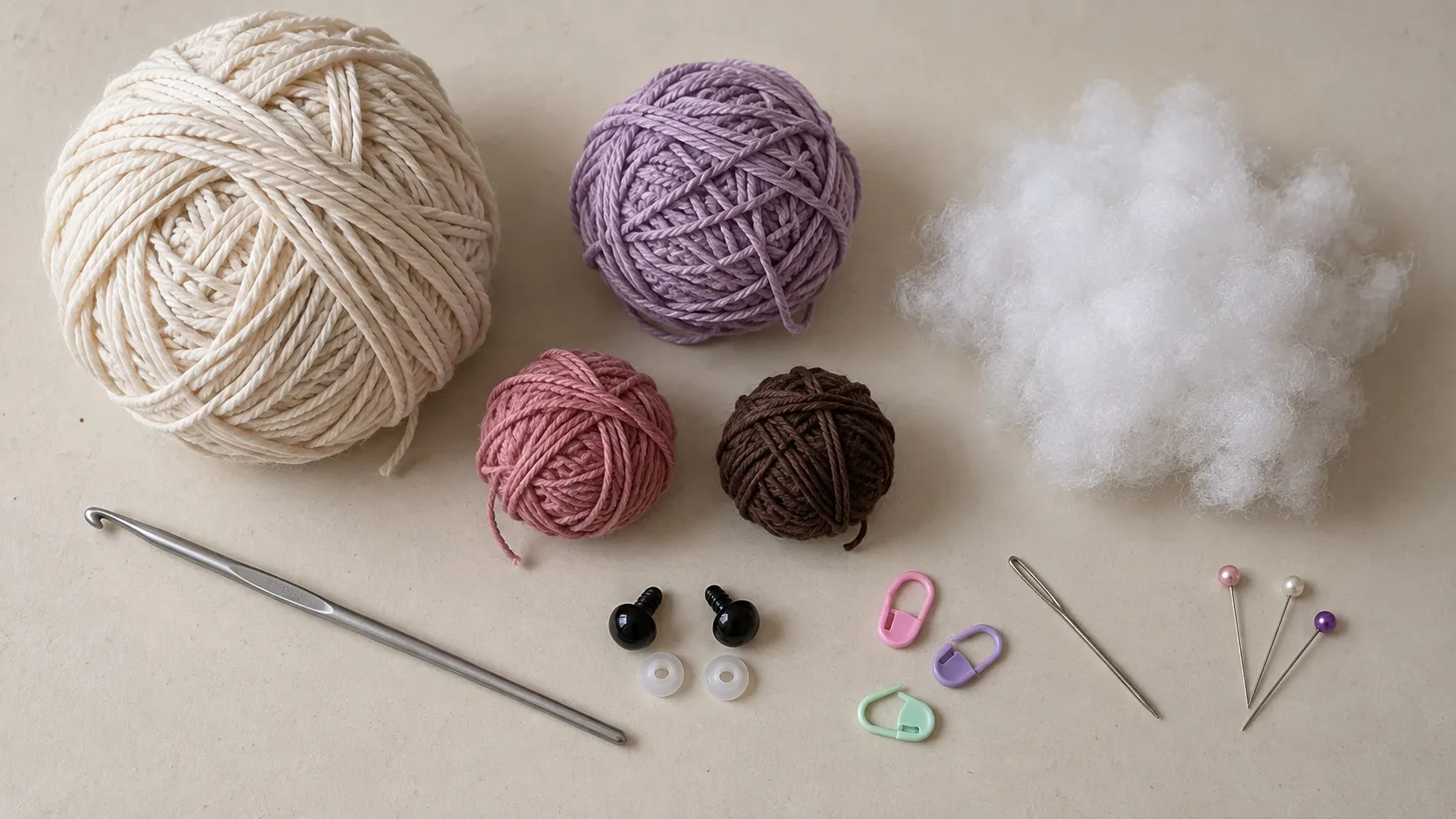 Overhead view of a cream, a lavender, a dusty rose and a cocoa ball of cotton yarn, a hook, two safety eyes with washers, toy filling, a tapestry needle, three stitch markers and pins.