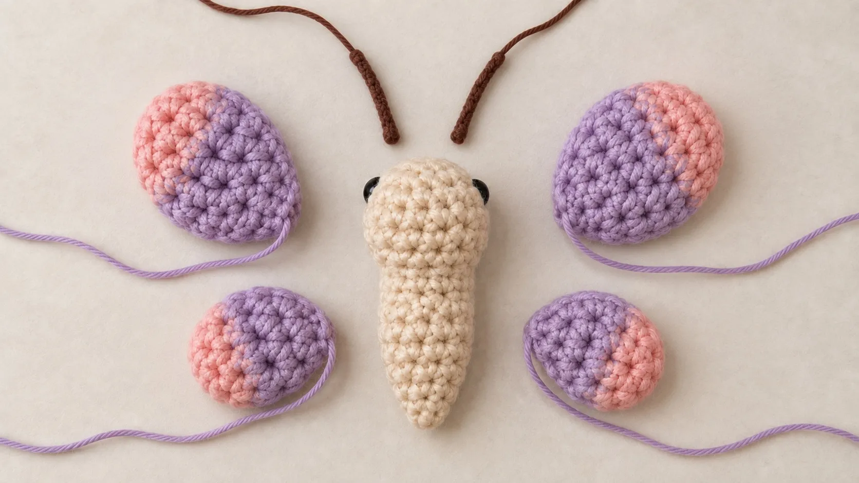 Seen from above, a cream crocheted head-and-body in the middle, two larger and two smaller lavender wings with dusty rose tips on either side, and two thin brown antennae above it, a long yarn tail running from each wing and each antenna.