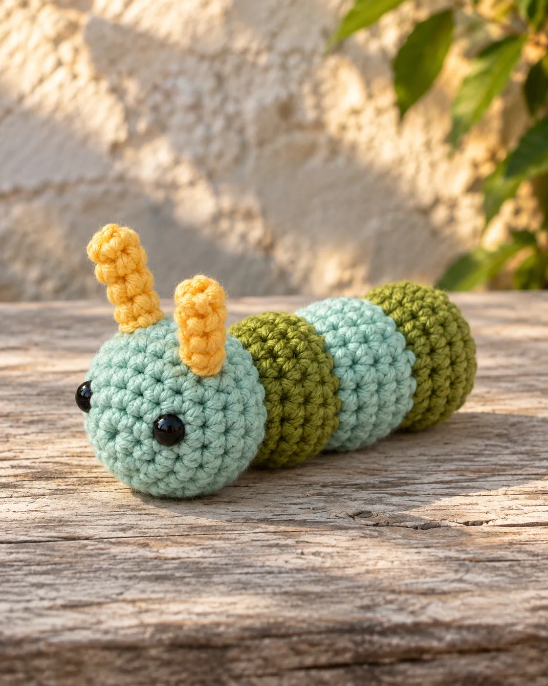 Illustration: a crocheted caterpillar with a sage-teal head, two yellow antennae and two glossy black eyes, its three round segments in moss green, sage teal and moss green trailing behind it on a weathered wooden plank in front of a sunlit stone wall and green leaves, seen low from the front left.