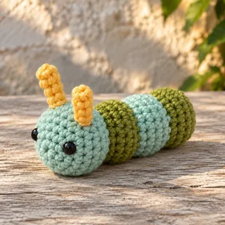 Illustration: a crocheted caterpillar with a sage-teal head, two yellow antennae and two glossy black eyes, its three round segments in moss green, sage teal and moss green trailing behind it on a weathered wooden plank in front of a sunlit stone wall and green leaves, seen low from the front left.