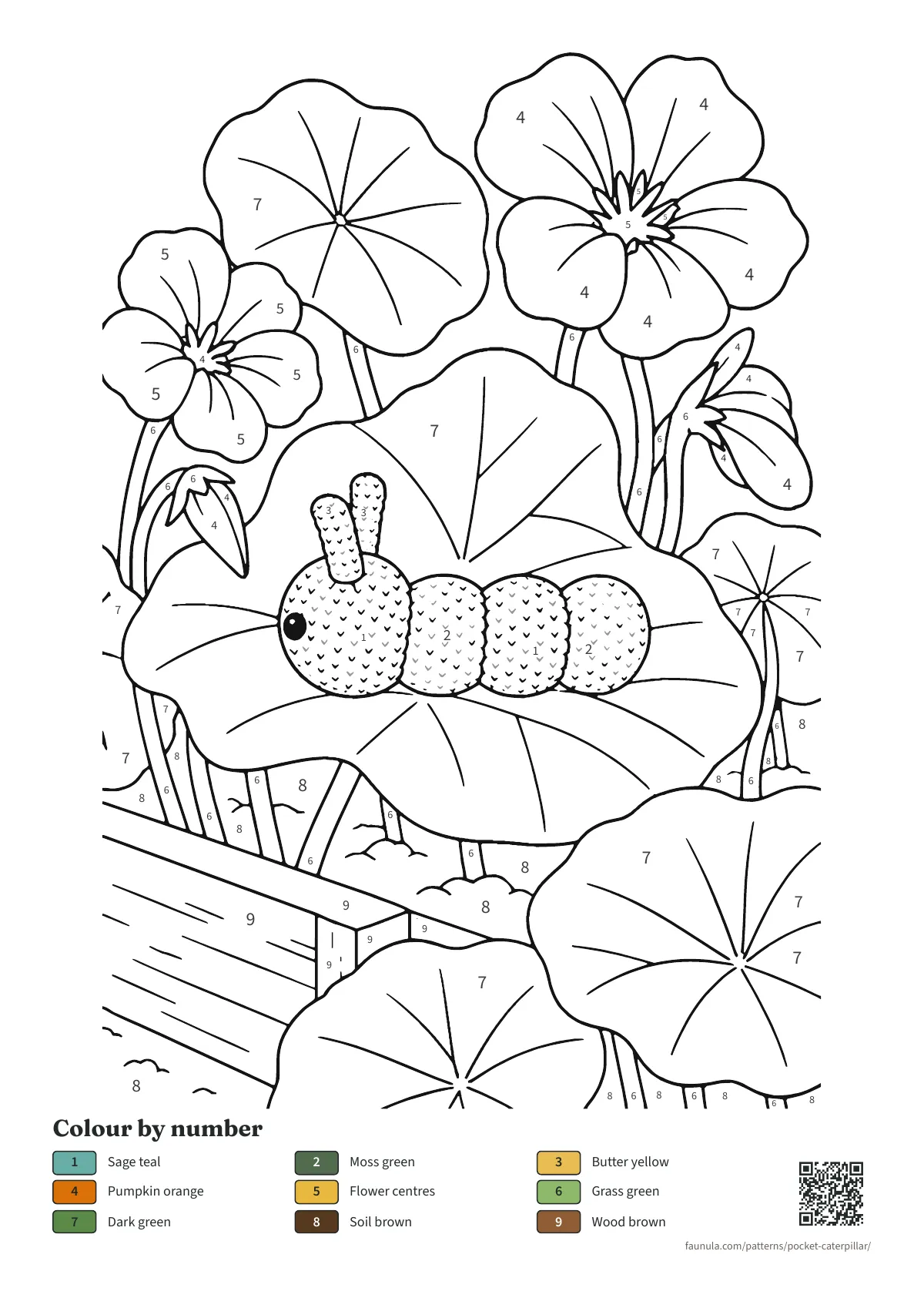 Pocket Caterpillar colouring page to colour by number