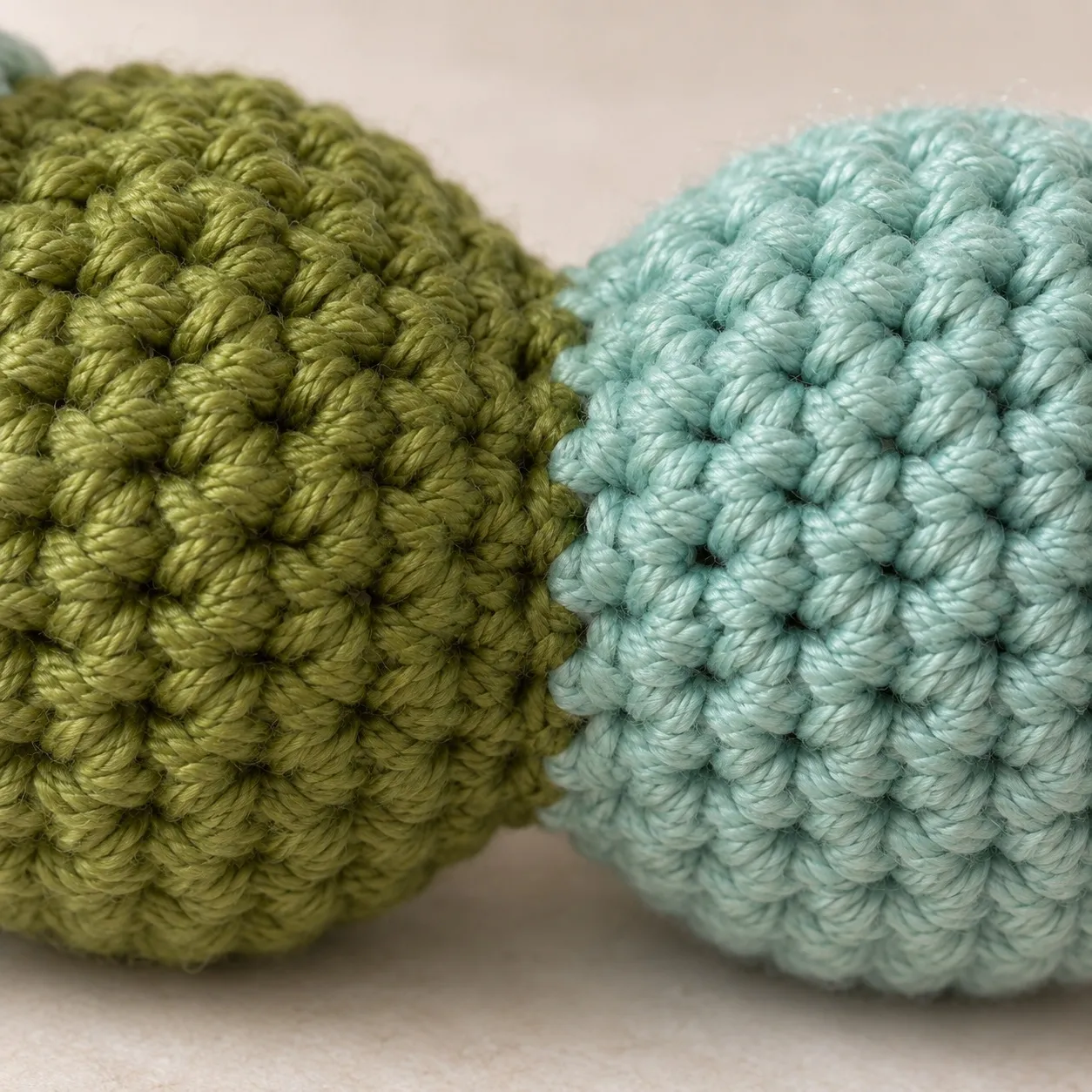 Close view of a moss-green and a sage-teal crocheted bulge meeting in a shallow groove, the colours changing along its bottom.