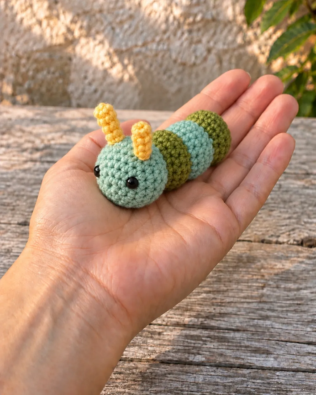 The caterpillar lying across an open palm, an arm extending into the frame from the lower left, a garden plank and wall behind.