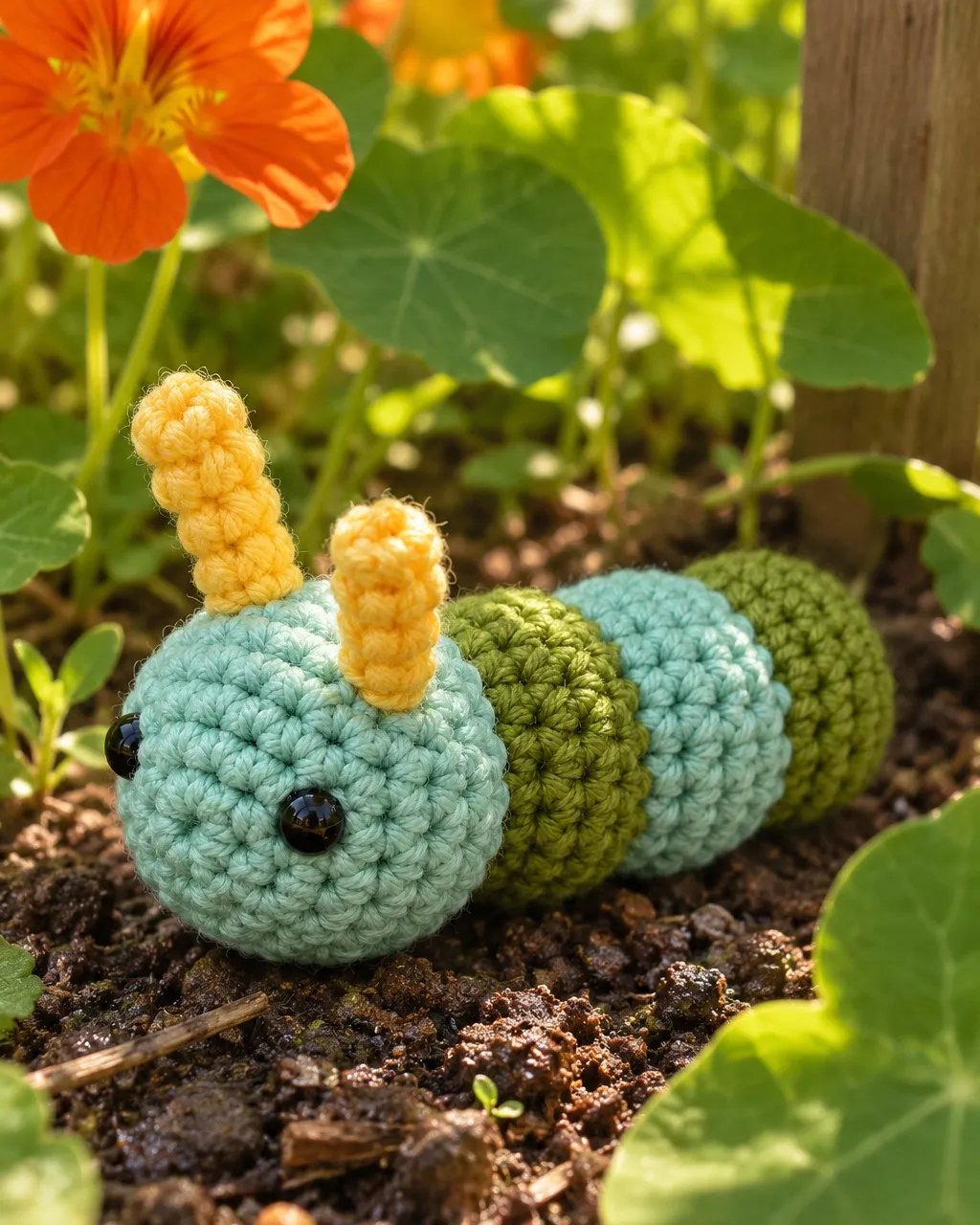 A crocheted caterpillar with a teal head, yellow antennae and three green and teal segments crawls over dark soil among nasturtium leaves and orange flowers in dappled sun.