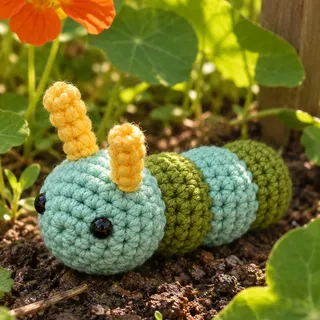 A crocheted caterpillar with a teal head, yellow antennae and three green and teal segments crawls over dark soil among nasturtium leaves and orange flowers in dappled sun.