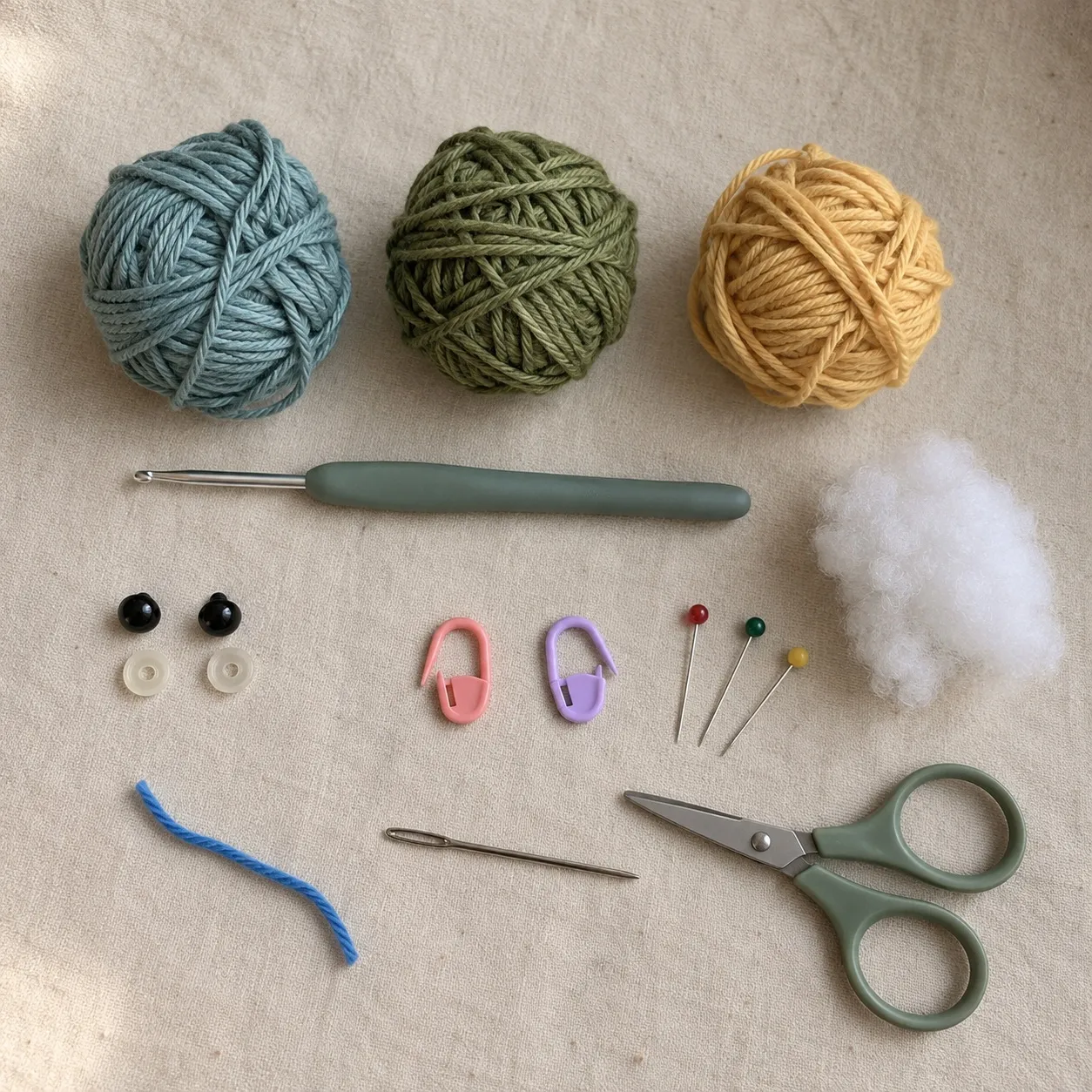 Overhead view of a sage-teal, a moss-green and a butter-yellow ball of cotton yarn, a hook, two safety eyes with washers, toy filling, two stitch markers, three pins, a scrap of blue yarn, a needle and scissors.