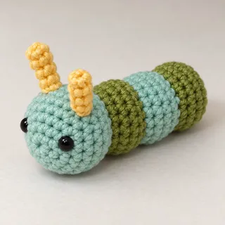 A small crocheted caterpillar lying on its belly: a sage-teal head with two glossy black eyes and two yellow antennae, and three bulges behind it in moss green, sage teal and moss green.
