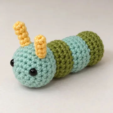 A small crocheted caterpillar lying on its belly: a sage-teal head with two glossy black eyes and two yellow antennae, and three bulges behind it in moss green, sage teal and moss green.