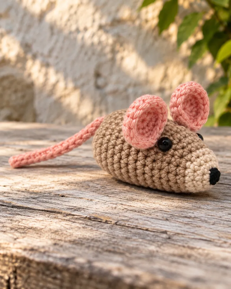 Illustration: a taupe crocheted field mouse lying along a weathered wooden plank in front of a sunlit stone wall and green leaves, seen from its front right, with two big round dusty-pink ears, glossy black eyes, a cream muzzle with a black nose and a pink tail behind.