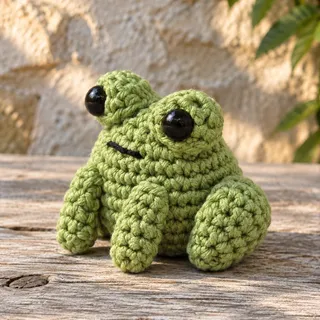 Illustration: a muted green crocheted frog sitting on a weathered wooden plank in front of a sunlit stone wall and green leaves, seen from low at its front left, with glossy black eyes on two cups on top of its head, a straight black mouth stitch, two short arms reaching the plank and a rounded hind leg at its side.