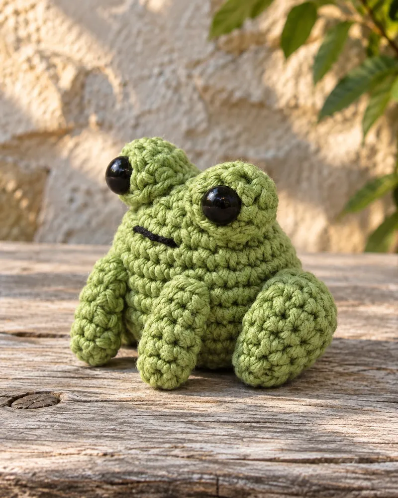 Illustration: a muted green crocheted frog sitting on a weathered wooden plank in front of a sunlit stone wall and green leaves, seen from low at its front left, with glossy black eyes on two cups on top of its head, a straight black mouth stitch, two short arms reaching the plank and a rounded hind leg at its side.