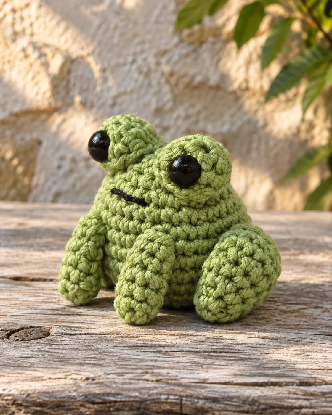 Illustration: a muted green crocheted frog sitting on a weathered wooden plank in front of a sunlit stone wall and green leaves, seen from low at its front left, with glossy black eyes on two cups on top of its head, a straight black mouth stitch, two short arms reaching the plank and a rounded hind leg at its side.