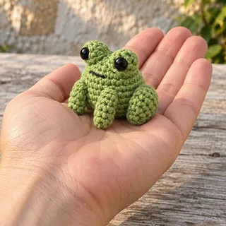 The frog resting on an open palm, an arm extending into the frame from the lower left.