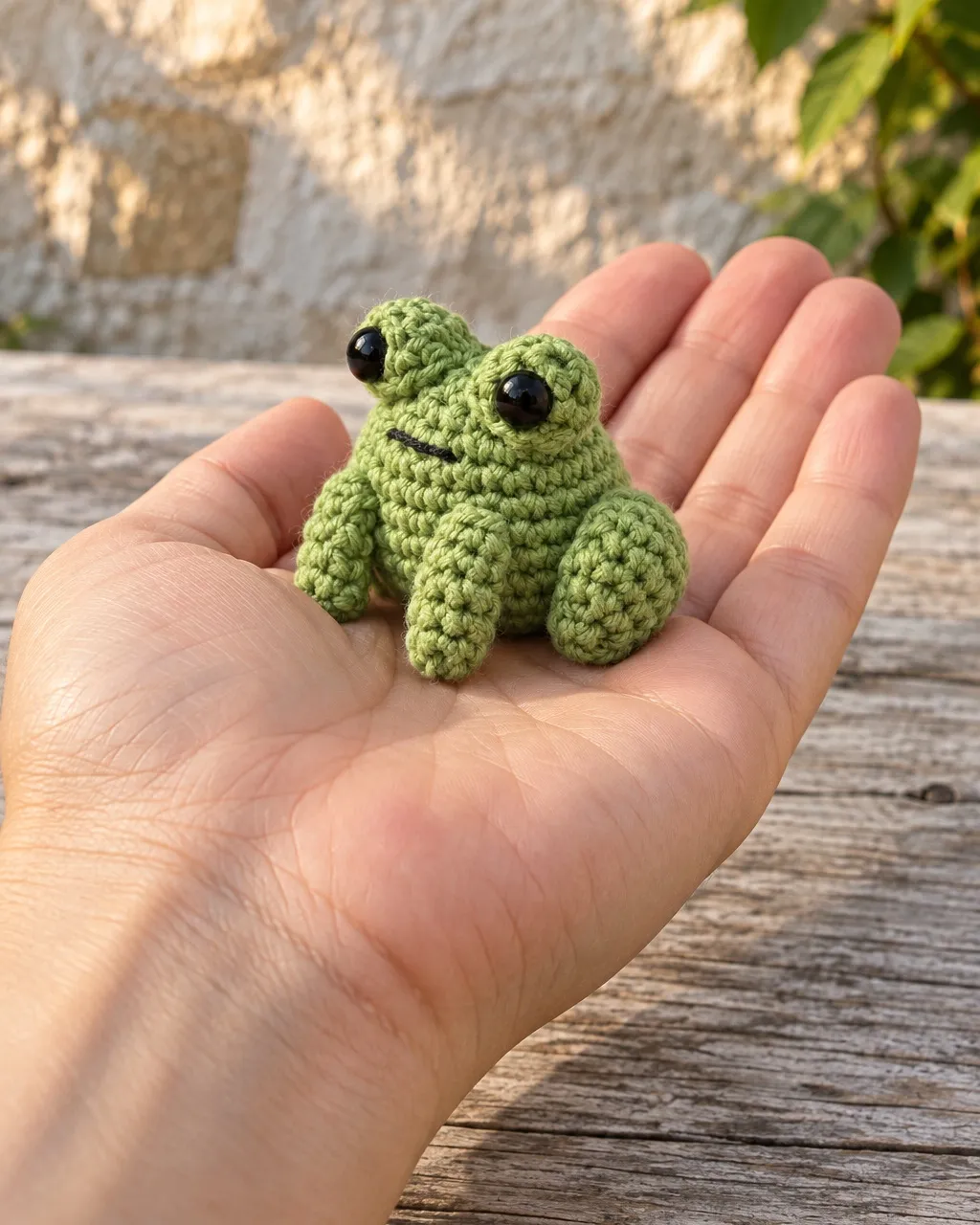 The frog resting on an open palm, an arm extending into the frame from the lower left.
