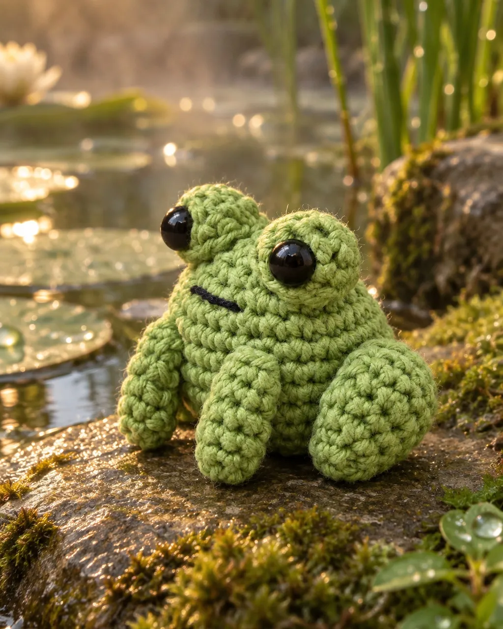 A crocheted green frog with its eyes on two cups sitting on a mossy wet stone at the edge of a garden pond, with lily pads, reeds and golden light low over the water.