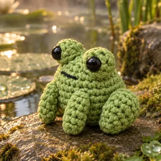 A crocheted green frog with its eyes on two cups sitting on a mossy wet stone at the edge of a garden pond, with lily pads, reeds and golden light low over the water.