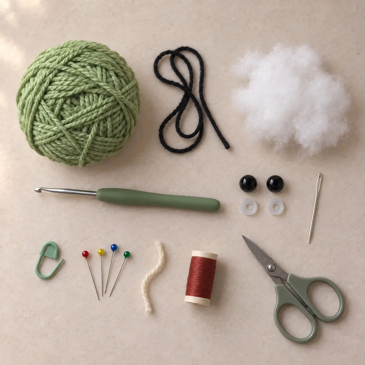 Overhead view of a ball of green cotton yarn, a short black length, toy filling, a hook, two safety eyes with washers, a needle, a marker, pins, a scrap of yarn, a spool of red thread and scissors.