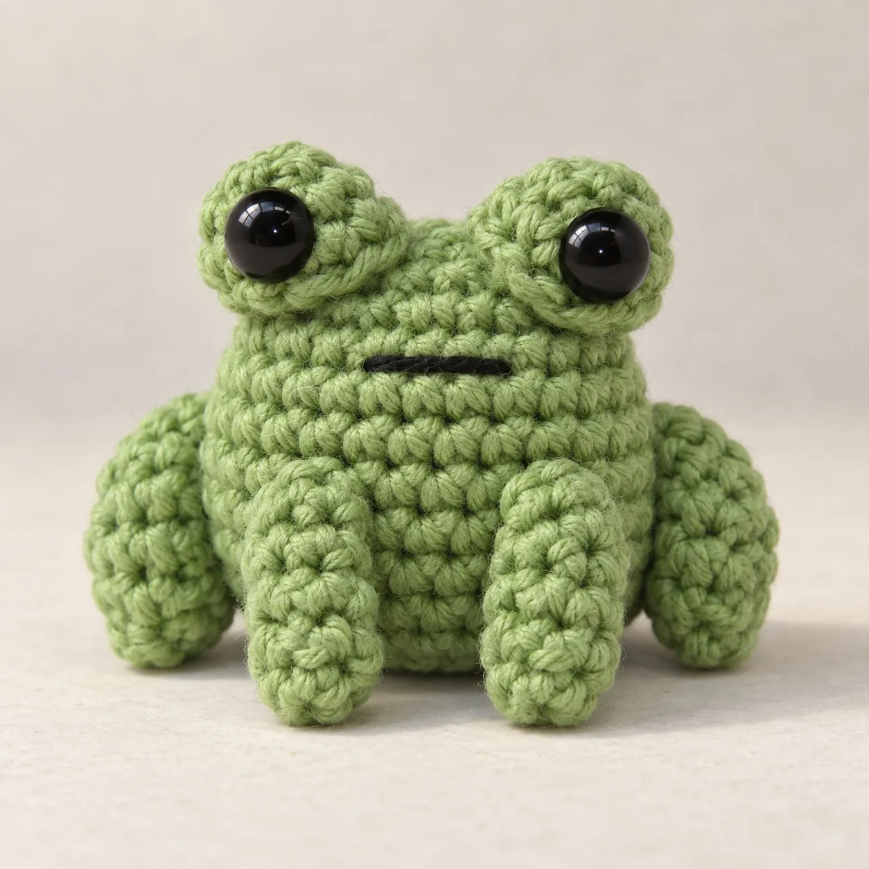 A muted green crocheted frog seen from the front, with two eye cups on top of its head, a straight mouth stitch, two short arms and two hind legs.