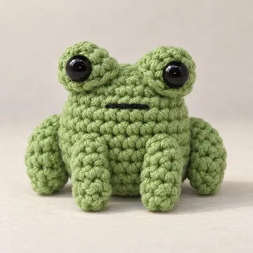 A muted green crocheted frog seen from the front, with two eye cups on top of its head, a straight mouth stitch, two short arms and two hind legs.