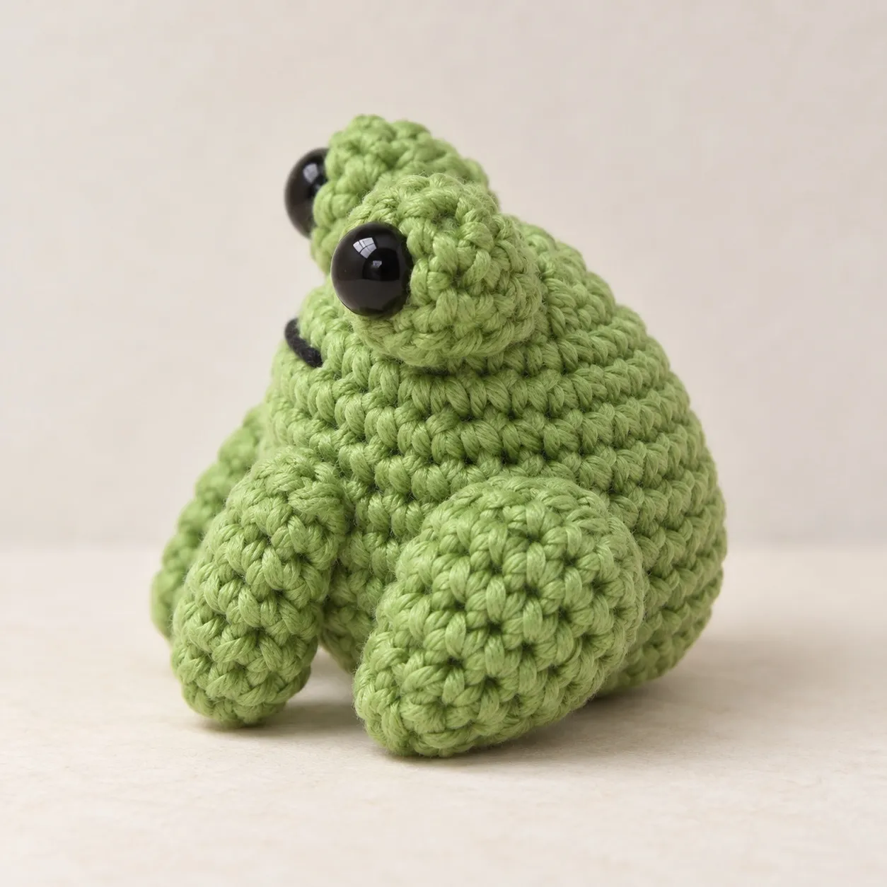 The same frog from its left side, showing the eye cup on the top of the head, the teardrop hind leg along the side and the arm angled down to the table.