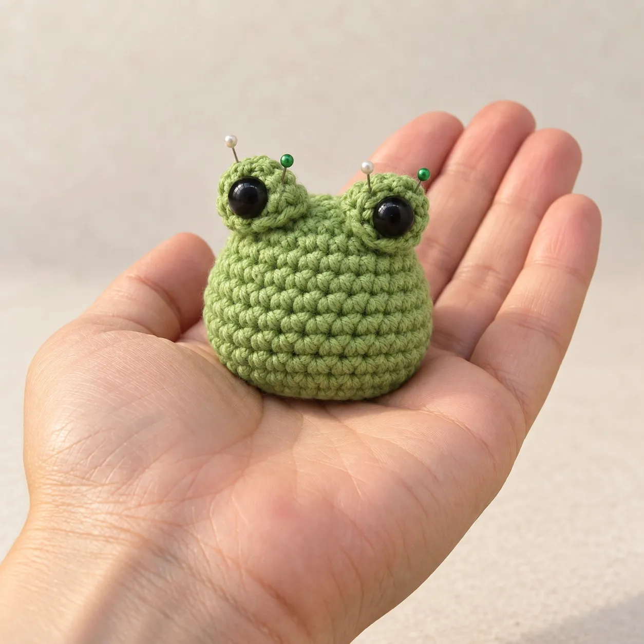 A stuffed green crocheted body resting on an open palm, two small domes with black eyes pinned to its top with glass-headed pins.