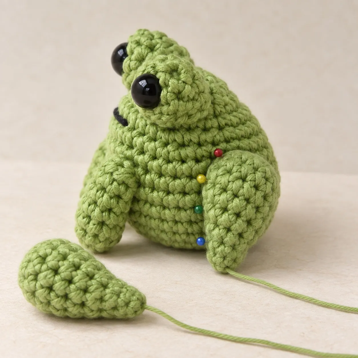 The frog from the side with one teardrop leg pinned to its flank with four pins, and a second leg lying loose on the table in front, each leg with its long sewing thread.