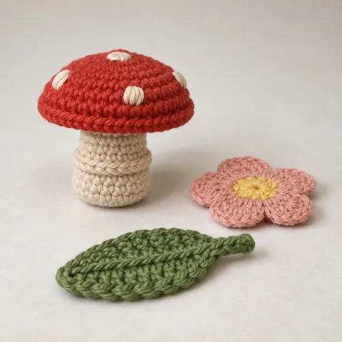 A small crocheted toadstool with a brick-red domed cap, cream dots and a cream stem with a braided ring round it, standing beside a flat moss-green leaf and a flat five-petal dusty-rose flower with a yellow middle, on a pale neutral surface.