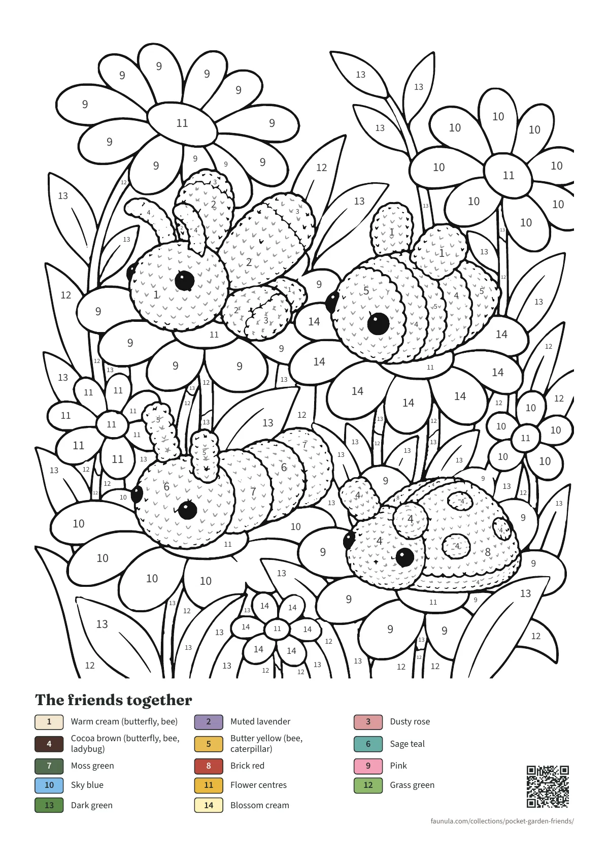 Pocket Garden Friends colouring page to colour by number