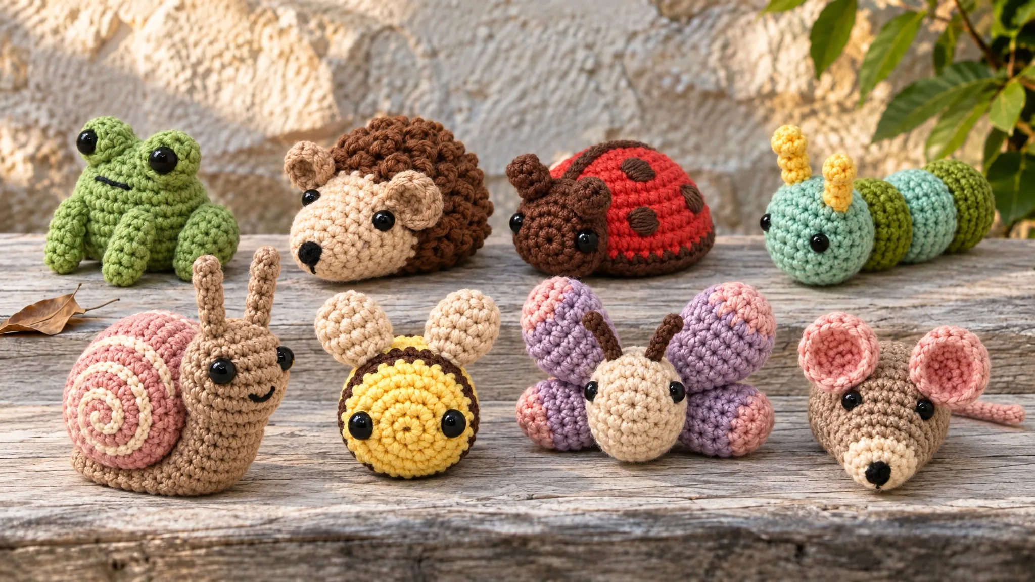Illustration: eight small crocheted garden animals — ladybug, bee, butterfly, caterpillar, frog, snail, mouse and hedgehog — in two rows on a weathered plank in warm afternoon light.