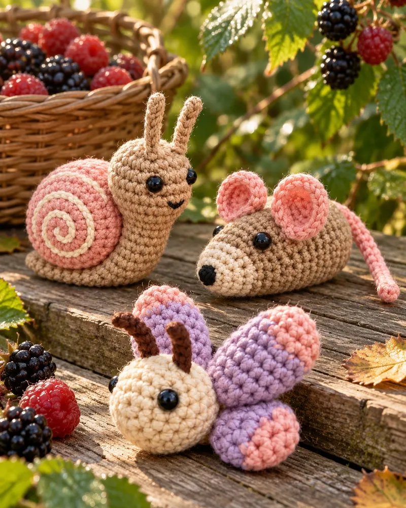 Illustration: a crocheted snail, a field mouse and a lilac-and-pink butterfly on a weathered bench beside a basket of blackberries and raspberries in morning sun.