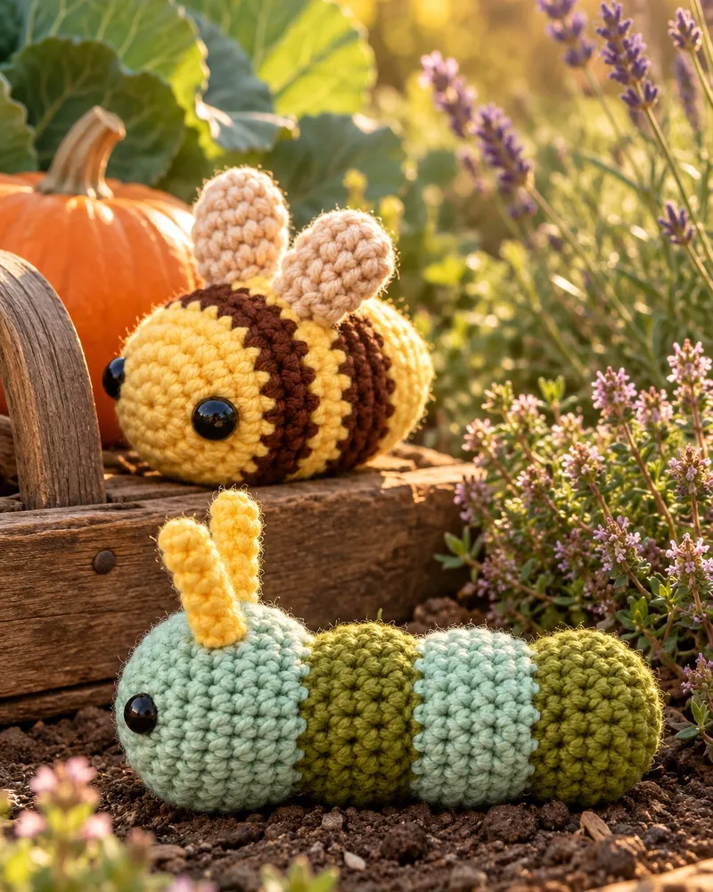 Illustration: a crocheted bee and a green-striped caterpillar in a garden bed beside a small pumpkin, cabbage leaves, thyme and lavender in golden backlight.