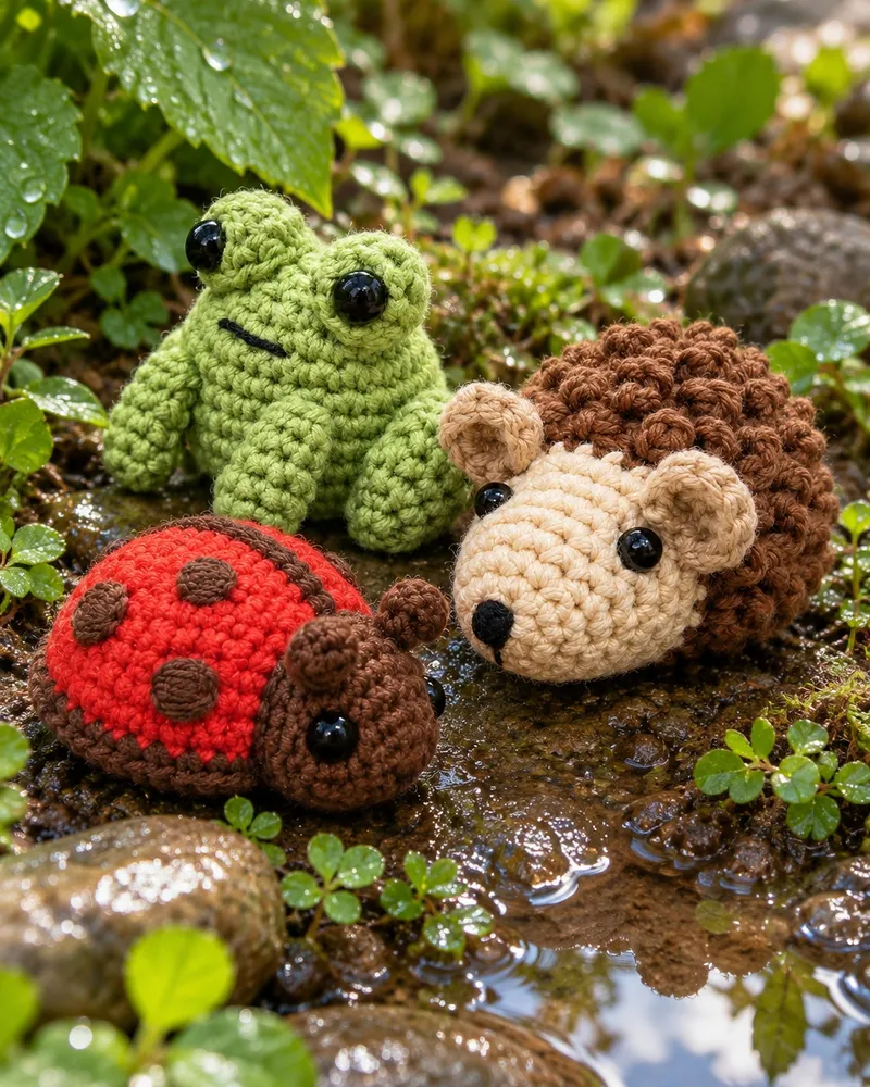 Illustration: a crocheted green frog, a hedgehog and a red ladybug on wet earth among clover and stones beside a small puddle, just after rain.