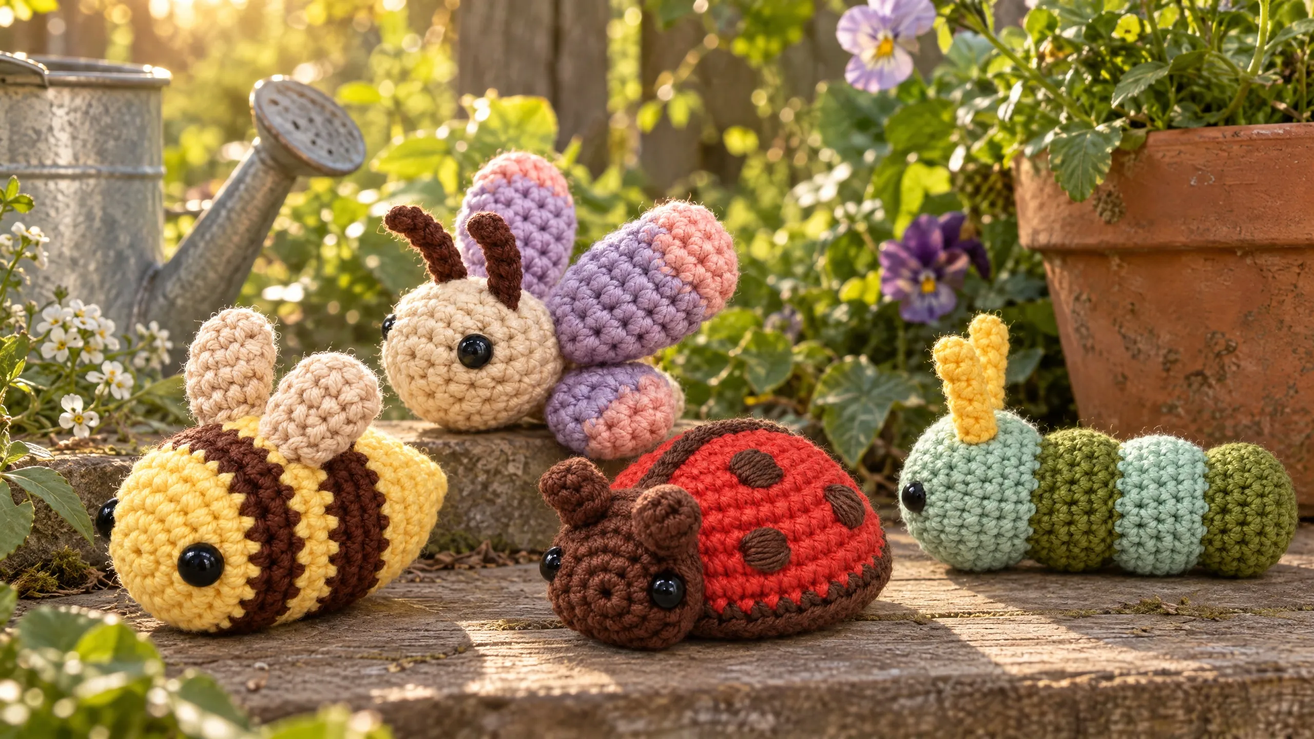 Illustration: a crocheted bee, a lilac butterfly, a red ladybug and a striped caterpillar on a garden step beside a zinc watering can, a terracotta pot and violas, in golden afternoon light.