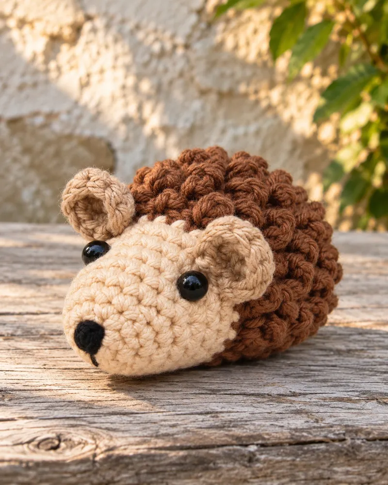 Illustration: a crocheted hedgehog with a hazel-brown coat of standing loops, a cream face, two small taupe ears, glossy black eyes and a black nose, lying on a weathered wooden plank in front of a sunlit stone wall and green leaves, seen from its front left.