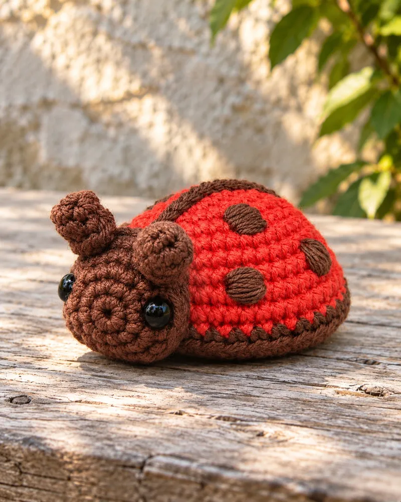 Illustration: a crocheted ladybug with a brick-red shell, a brown line down its back and brown spots, and a cocoa-brown head with two short antennae and glossy black eyes, on a weathered wooden plank in front of a sunlit stone wall and green leaves, seen from its front left.