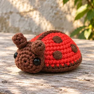 Illustration: a crocheted ladybug with a brick-red shell, a brown line down its back and brown spots, and a cocoa-brown head with two short antennae and glossy black eyes, on a weathered wooden plank in front of a sunlit stone wall and green leaves, seen from its front left.