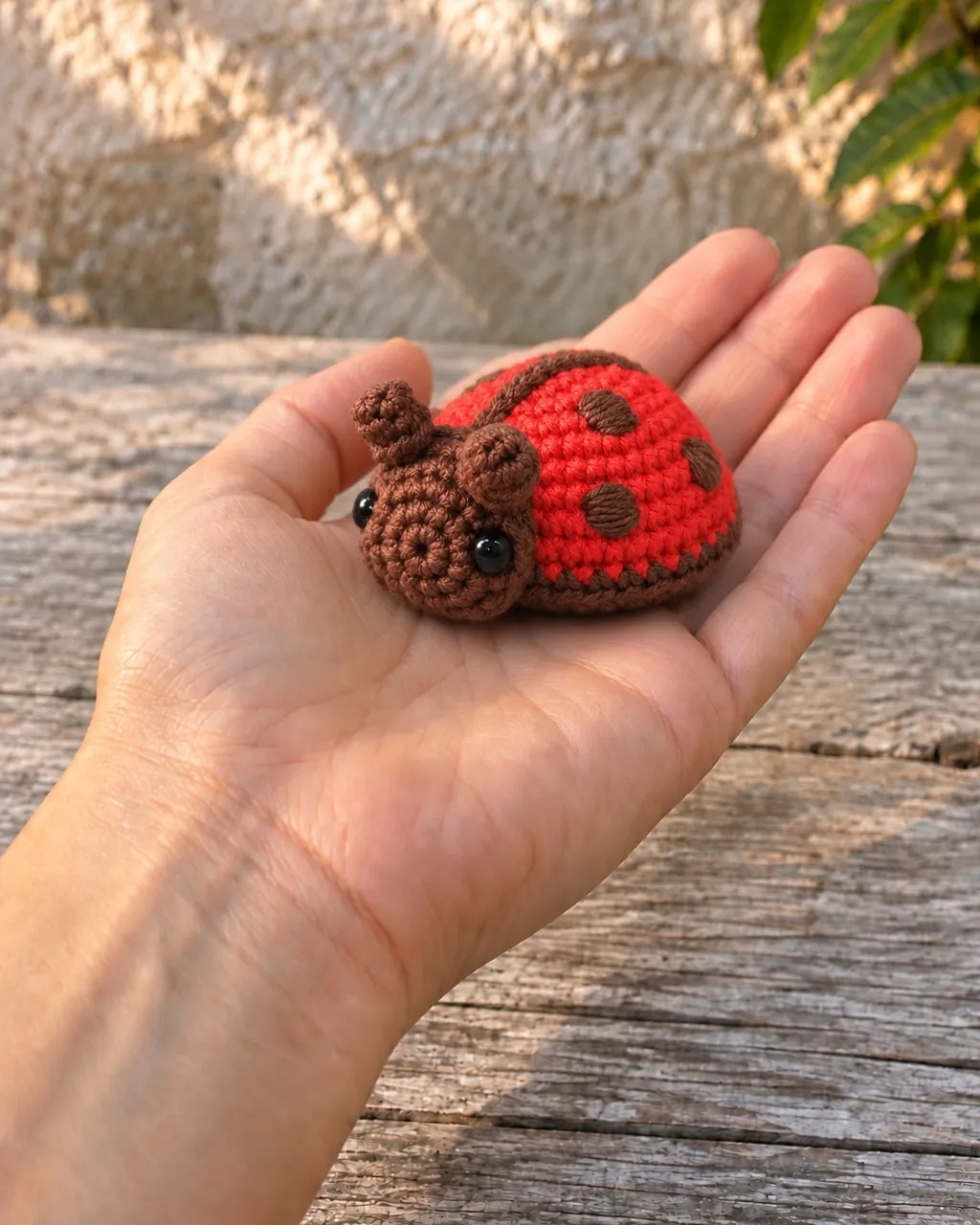 The ladybug standing on an open palm, an arm extending into the frame from the lower left.
