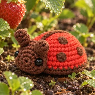 A crocheted red ladybug with dark spots sits on damp soil among dew-covered strawberry leaves, next to a ripe strawberry, in soft early light.