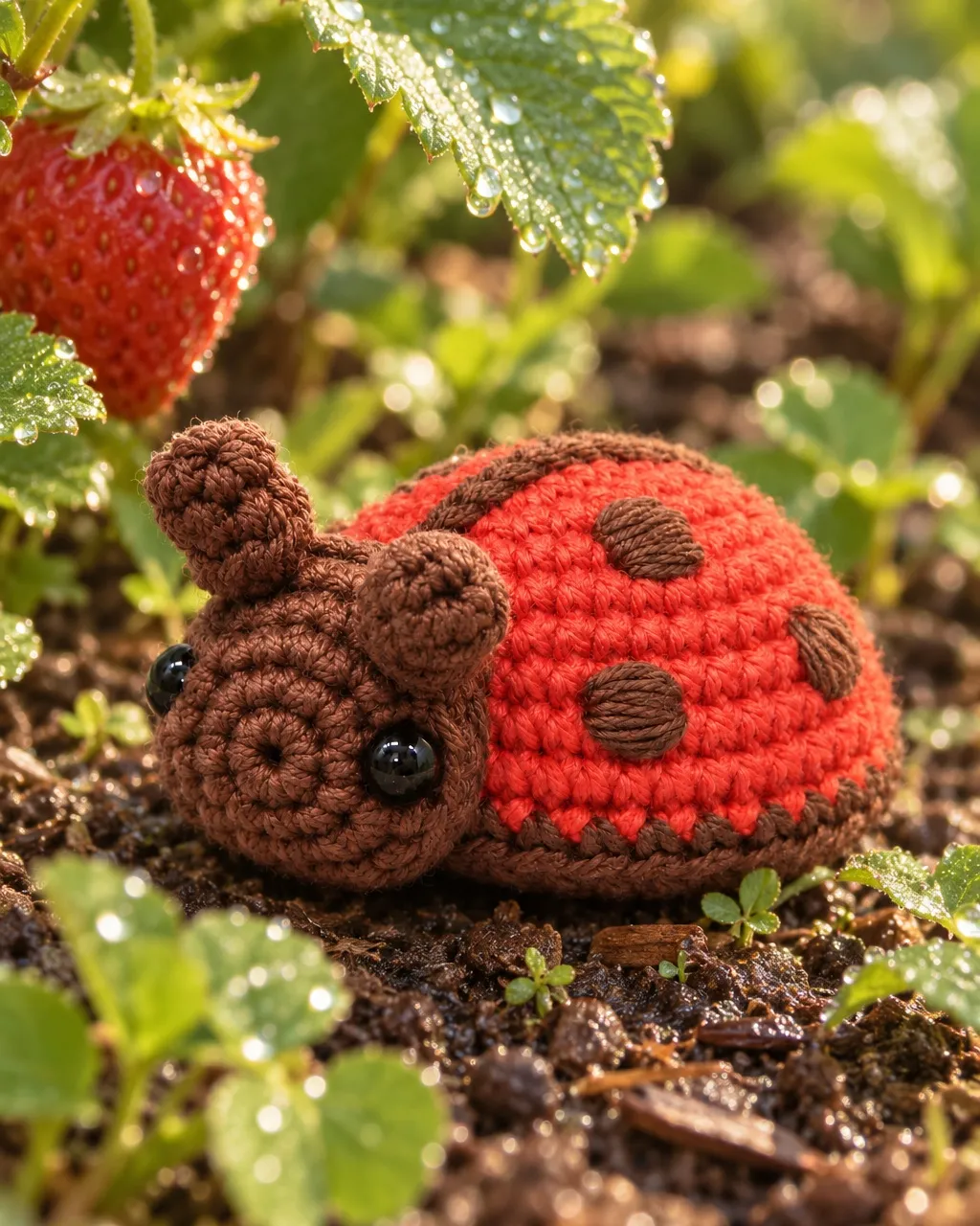 A crocheted red ladybug with dark spots sits on damp soil among dew-covered strawberry leaves, next to a ripe strawberry, in soft early light.