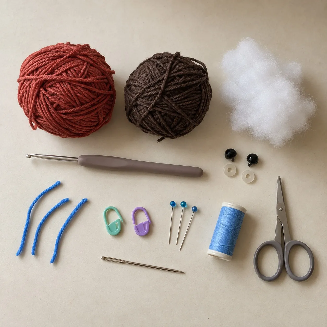 Overhead view of a brick-red and a cocoa-brown ball of cotton yarn, a hook, two safety eyes with washers, toy filling, a needle, two stitch markers, pins, three scraps of blue yarn, a spool of blue thread and scissors.